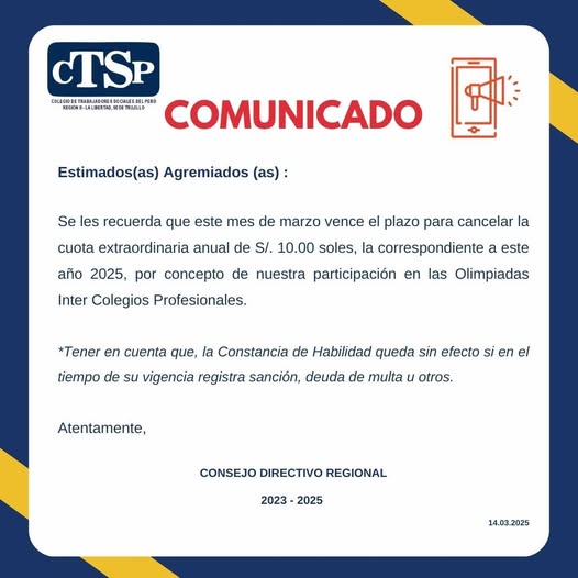 Estimados(as) agremiados, tener en cuenta el siguiente comunicado.